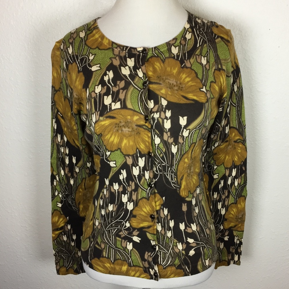 LOFT Floral Button-Front Cardigan in Mustard, Olive & Black
